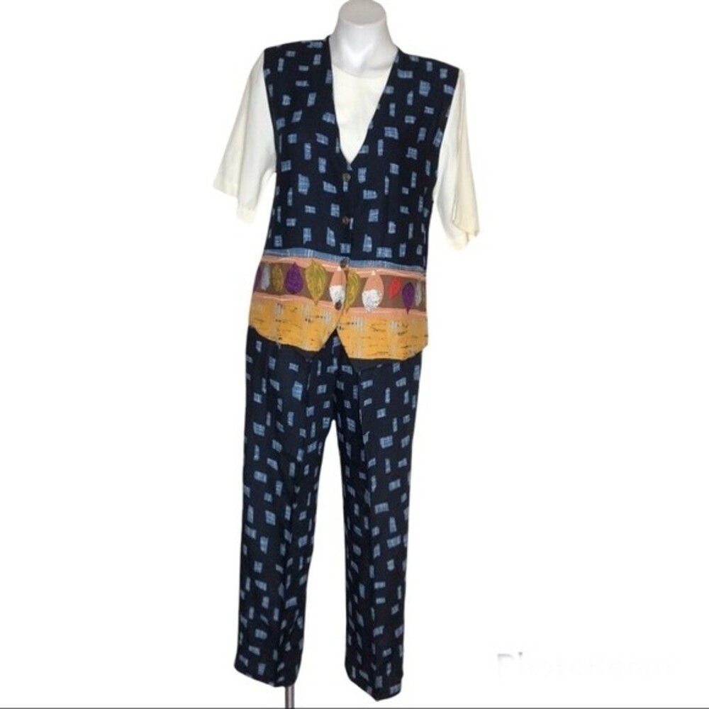 VINTAGE 80s Pantsuit CASCAIS Pants Shirt Blue Print Size Medium Retro